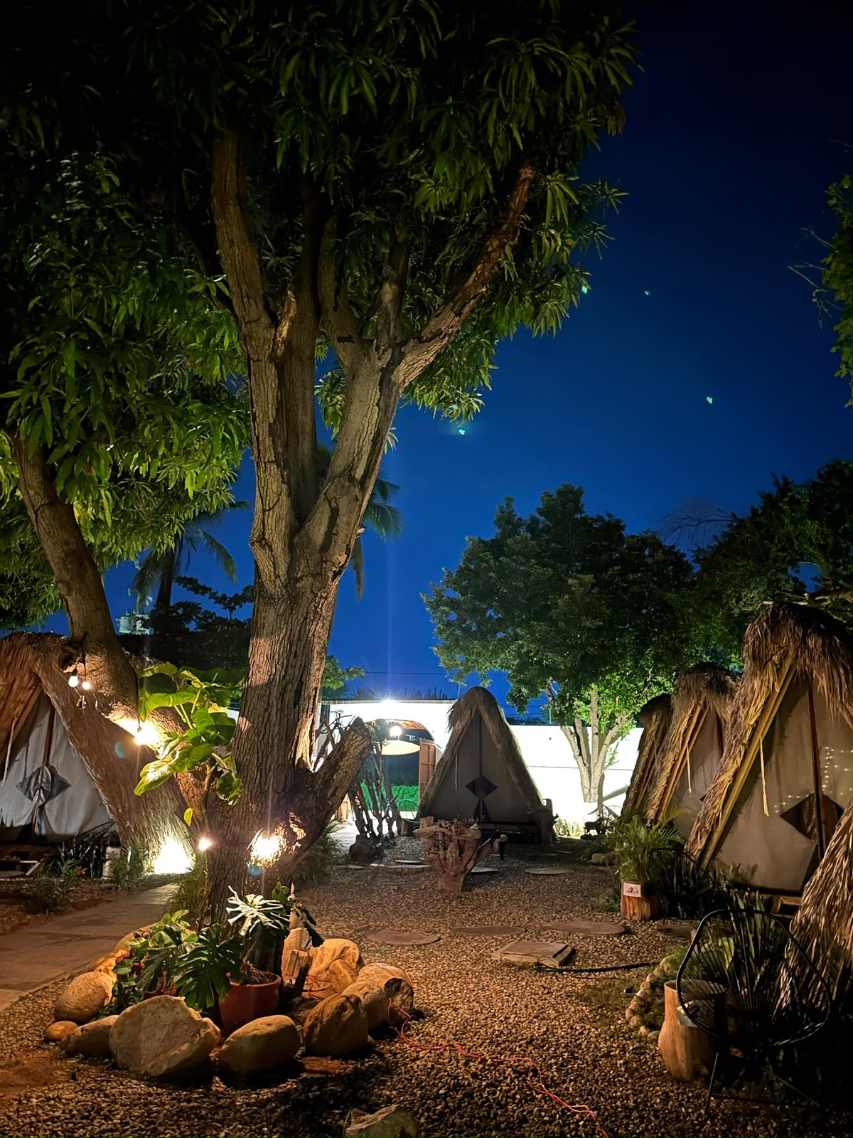 Jardín de noche con teepees iluminados por luces cálidas